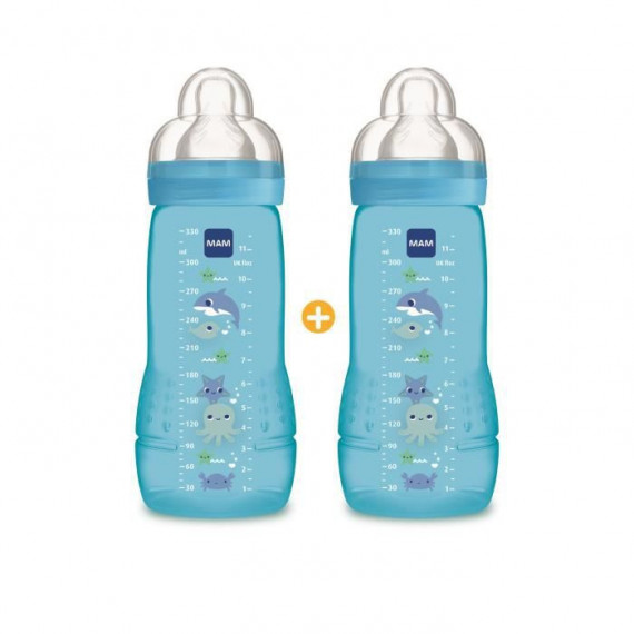 MAM Biberon Easy Active 2eme âge Coloré - 330ml - a partir de 6 mois - Tétine Débit X - Lot de 2 - Garcon