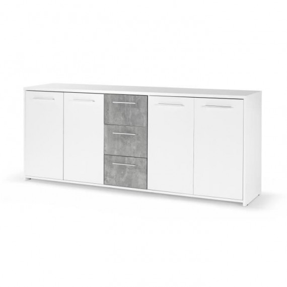 Buffet bas - Panneaux de particules - Blanc et décor gris béton - 4 portes + 3 tiroirs - L 179 x P 42 x H 74,5 cm