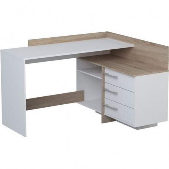 Bureau d'angle 3 tiroirs - Décor chene et blanc - L 128,5 x P 105,7 x H 83,2 cm - THALES