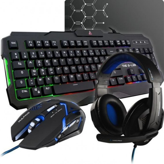 THE G-LAB COMBO ARGON Clavier FR Rétroéclairé Performance + Souris Revetement Soft-Touch + Casque KORP 100  + Tapis Antidérapant