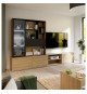 Meuble TV mural suspendu ULEZZA : Meuble TV 3 portes + Etagere - Eclairage inclus - Décor noir et chene - L304 x P42 x H200 cm