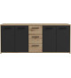 Buffet PILVI - Style contemporain - Particules mélaminé -Décor Chene artisan et Noir- 4 portes + 3 tiroirs - L179,2 x P42 x H…