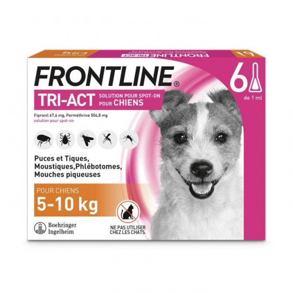 FRONTLINE Tri-Act Chiens S - 5 a 10 kg - 6 Pipettes - puces, tiques, moustiques, phlébotomes et mouches piqueuses
