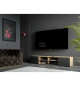 Meuble TV PILVI - Style contemporain- Décor Chene et noir - 2 Portes + 4 niches - L 180 x P 42 x H 37 cm