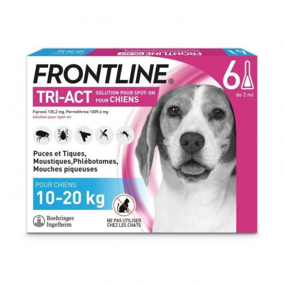 FRONTLINE Tri-Act Chiens M - 10 a 20 kg - 6 Pipettes - puces, tiques, moustiques, phlébotomes et mouches piqueuses