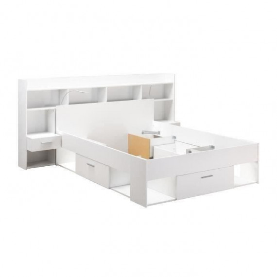 CHICAGO Ensemble lit adulte 140 x 190/200 cm + Tete de lit avec rangement et liseuses LED - Décor blanc mat