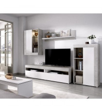 Ensemble Meuble TV TOKIO - Classique - Blanc et Béton - L 265 x P 42 x H 180 cm