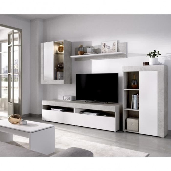 Ensemble Meuble TV TOKIO - Classique - Blanc et Béton - L 265 x P 42 x H 180 cm