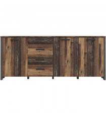 Enfilade CLIF 3 portes - 3 tablettes, 4 tiroirs - 206,1 cm - Décor vieux bois vintage avec béton gris foncé - Poignées noires