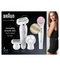 Braun Silk-épil 9 Coffret Beauté & Spa Epilateur Electrique Femme Blanc/Doré, Brosses Exfoliantes, Éponge Maquillage, 9-100