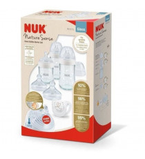 NUK Nature Sense Coffret de biberons en verre, 0-6 mois, 3 biberons, 2 tétines, Sucette Genius, Blanc, 6 unités