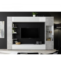 SIENNA Composition murale TV - Laqué blanc et béton - L295 x P30 x H187 cm