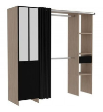 Dressing ARTIC avec rideau - EKIPA - Décor Chene et noir - 1 colonne + 1 armoire + 2 penderies + 2 tiroirs