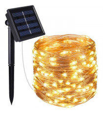 Guirlande lumineuse solaire en cuivre 100 micro LED blanc chaud SKINNY SOLAR 11.9m 8 modes - LUMI JARDIN