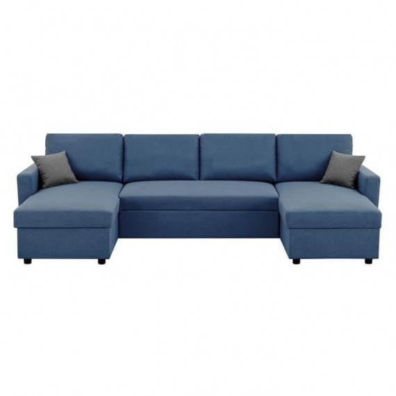 Canapé d'angle convertible panoramique + 2 coffres de rangement + 2 coussins - Tissu Bleu - L 300 x P 148 x H 83 cm - OWENS