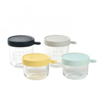 BÉABA Coffret 4 portions verre, pots de conversation (150ml yellow / 150ml light blue / 250ml dark blue / 250ml light mist)