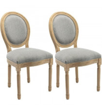 GRETA Lot de 2 chaises médaillon - Pied bois - Tissu Gris - L 49 x P 56 x H 96 cm