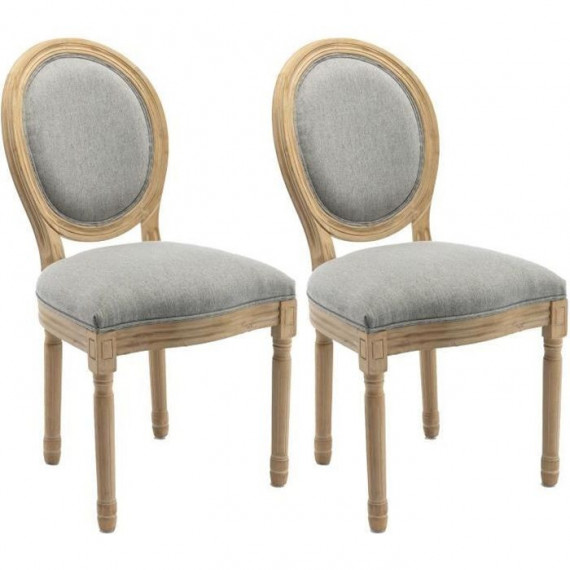 GRETA Lot de 2 chaises médaillon - Pied bois - Tissu Gris - L 49 x P 56 x H 96 cm