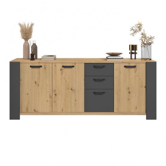 Buffet LOFT - Décor chene artisan et mélamine gris ombre - 3 portes et 3 tiroirs - L 220 x P 52 x H 86.5 cm - PARISOT