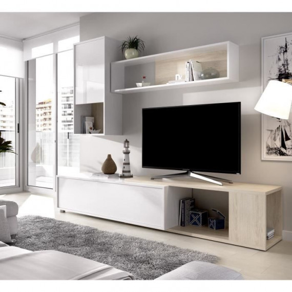 Meuble TV extensible - Classique - Panneau de particules revetement mélaminé - Chene naturel et blanc - L 230 x P 41 x H 180 …