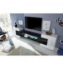Meuble TV avec LED 2 portes - Blanc laqué brillant et noir - L 258 x P 37 x H 61 cm - ANCONA