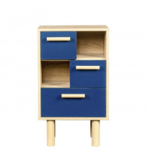 Table de chevet LILA avec 3 tiroirs et 2 niches - Chene/bleu - Style contemporain - MDF - L40 x P24 x H67 cm