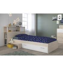 PARISOT Ensemble lit + tete de lit avec rangement - Style contemporain - Décor acacia clair et blanc - CHARLEMAGNE