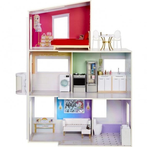 Rainbow High Townhouse - Maison en bois 3 étages et 6 pieces - Ascenseur fontionnel et meubles mobiles