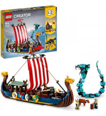 LEGO 31132 Creator 3-en-1 Le Bateau Viking et le Serpent de Midgard, Jouet Transformable en Maison avec un Dragon ou un Loup