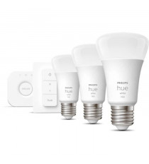 PHILIPS Hue White Kit de démarrage ampoule LED connectée 9,5W - E27 x3 et télécommande Hue
