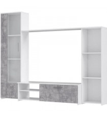 Meuble TV paroi murale - Blanc mat et béton clair - porte vitrée + 5 niches - Contemporain -  L 220,4 x P41,3 x H177,5 cm - P…