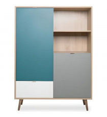 Buffet haut - Chene Sonoma, blanc, gris et bleu - Style scandinave - CUBA - L 103 x P 40 x H 139  cm