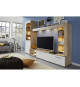 Ensemble meuble TV LOGO - 1 Porte - LED - Mélamine chene clair et blanc mat - L240 x P41 x H185 cm - TRENDTEAM