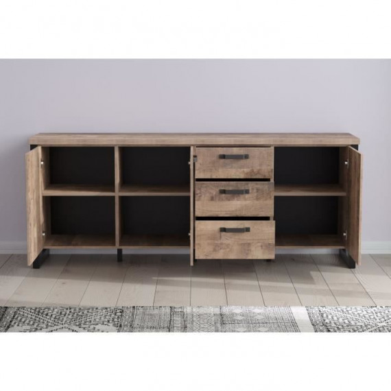 Buffet EMILE - Mélamine chene brun tabac et noir mat - 3 Portes + 3 Tiroirs - L214 x P45 x H86 cm - TRENDTEAM