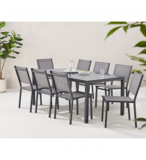 Ensemble repas de jardin : Table 180 cm + 8 chaises - Structure aluminium - Plateau verre trempé - Gris