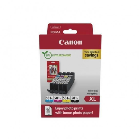 Multipack cartouches d'encre + pack papiers photo - CANON - CLI-581XL Noir/Cyan/Magenta/Jaune - Haut rendement