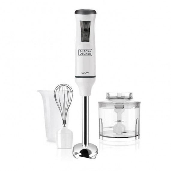 BLACK & DECKER BXHBA600E Mixeur plongeant - 600 W - Bras Inox - Avec accessoires - Blanc