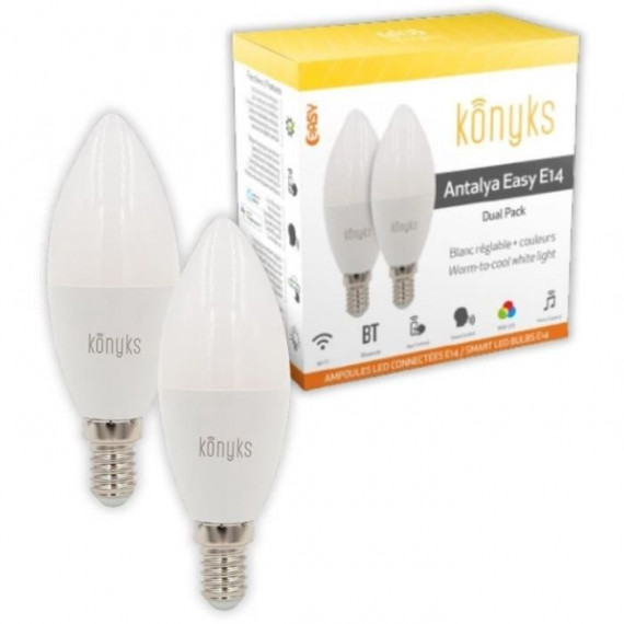 2 Ampoules LED - KONYKS - Antalya Easy E14 - Wifi + Bt - 5 W - 350 Lumens - Couleurs + Blanc - Compatible Alexa / Google Home