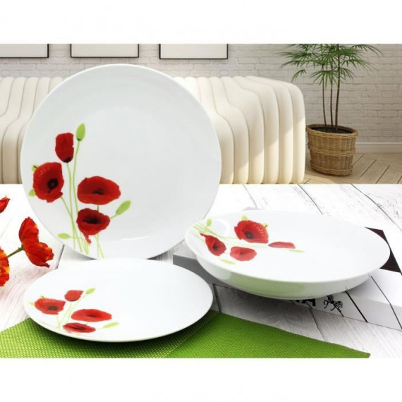 Service de Table 18 pieces en porcelaine Coquelicot rouge et blanc