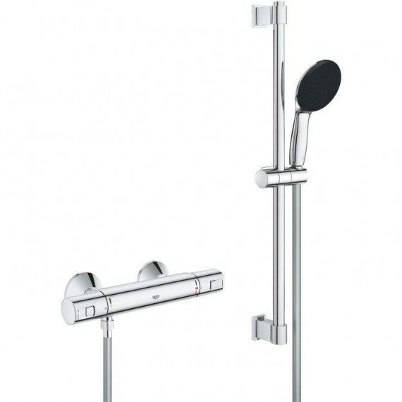 Ensemble de douche avec mitigeur thermostatique, pommeau 1 jet, barre 60cm et flexible - GROHE 34597001 - Economie d'eau - Ch…