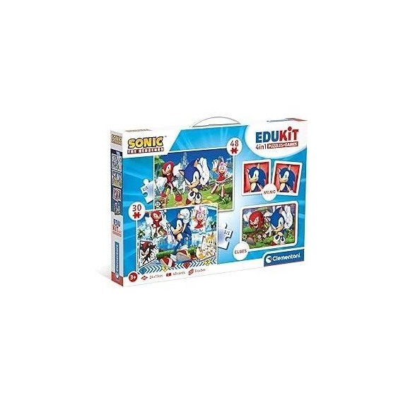 Clementoni - Edukit - Sonic - Coffret apprentissage 4 en 1 - 2 puzzles, 1 mémo, 1 jeu de 6 cubes - Fabriqué en Italie -Dés 4ans