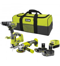 RYOBI 3 outils : 1 perceuse-visseuse Brushless + 1 meuleuse 115 mm + 1 scie sauteuse + 2 batteries 4 Ah & 2 Ah + 1 chargeur &…