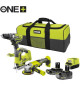RYOBI 3 outils : 1 perceuse-visseuse Brushless + 1 meuleuse 115 mm + 1 scie sauteuse + 2 batteries 4 Ah & 2 Ah + 1 chargeur &…