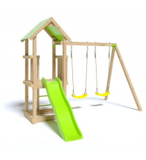Aire de jeux EASY XPERIENCE, Plateforme 0,90m, bac a sable, toboggan 1,73m + extension portique 1,90m,2 balançoires
