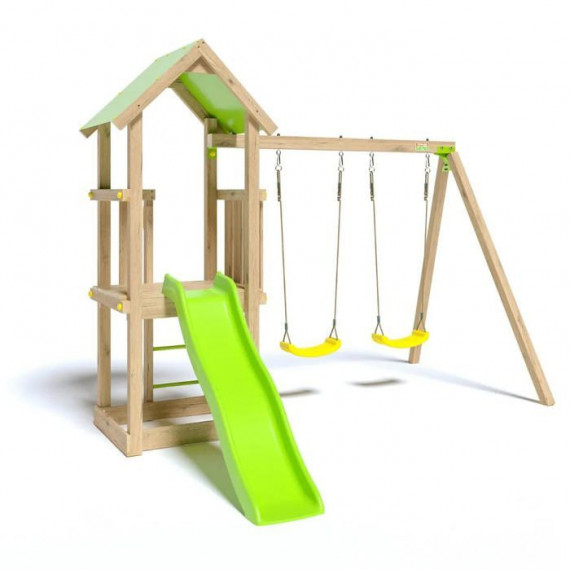 Aire de jeux EASY XPERIENCE, Plateforme 0,90m, bac a sable, toboggan 1,73m + extension portique 1,90m,2 balançoires