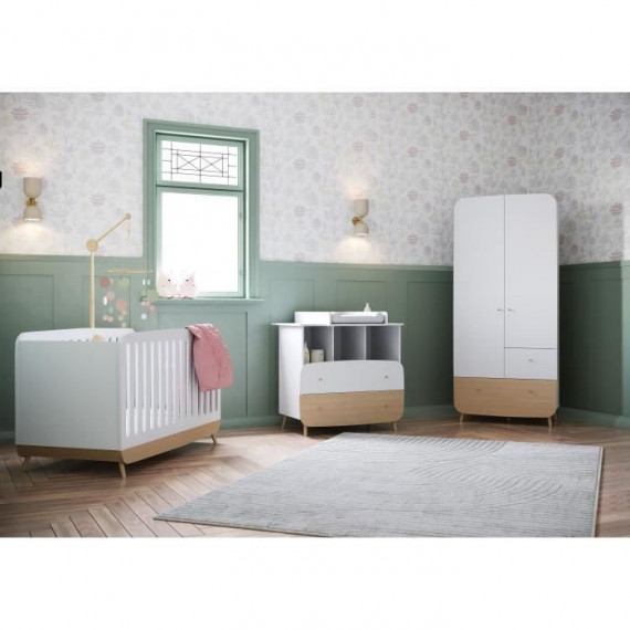 Ens. lit bébé 70 x 140 Kit évolutif, commode 2 tiroirs, 3 niches et 1 plan a langer, 1 armoire- FIRMIANA - Blanc & bois - DEM…