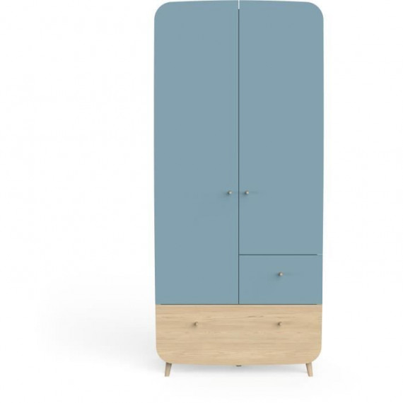 Ens. lit bébé 70 x 140 Kit évolutif, commode 2 tiroirs 3, niches et 1 plan a langer, 1 armoire - FIRMIANA - Bleu / bois - DEM…