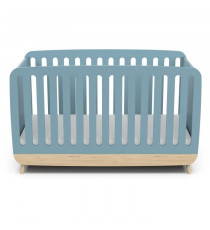 Ens. lit bébé 70 x 140 Kit évolutif, commode 2 tiroirs, 3 niches et 1 plan a langer - FIRMIANA - Scandinave - Bleu / bois -