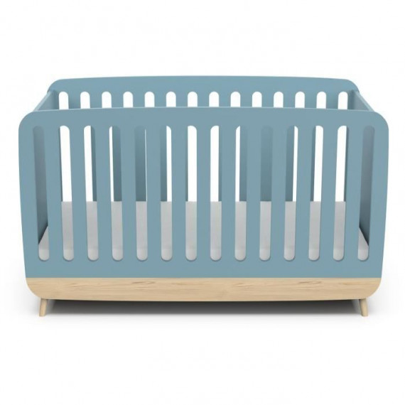 Ens. lit bébé 70 x 140 Kit évolutif, commode 2 tiroirs, 3 niches et 1 plan a langer - FIRMIANA - Scandinave - Bleu / bois -