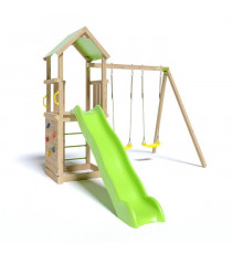 Aire de jeux SMART XPERIENCE, PF 1,20m, bac a sable, mur de grimpe, toboggan 2,63m + extension portique 2,20m, 2 balançoires